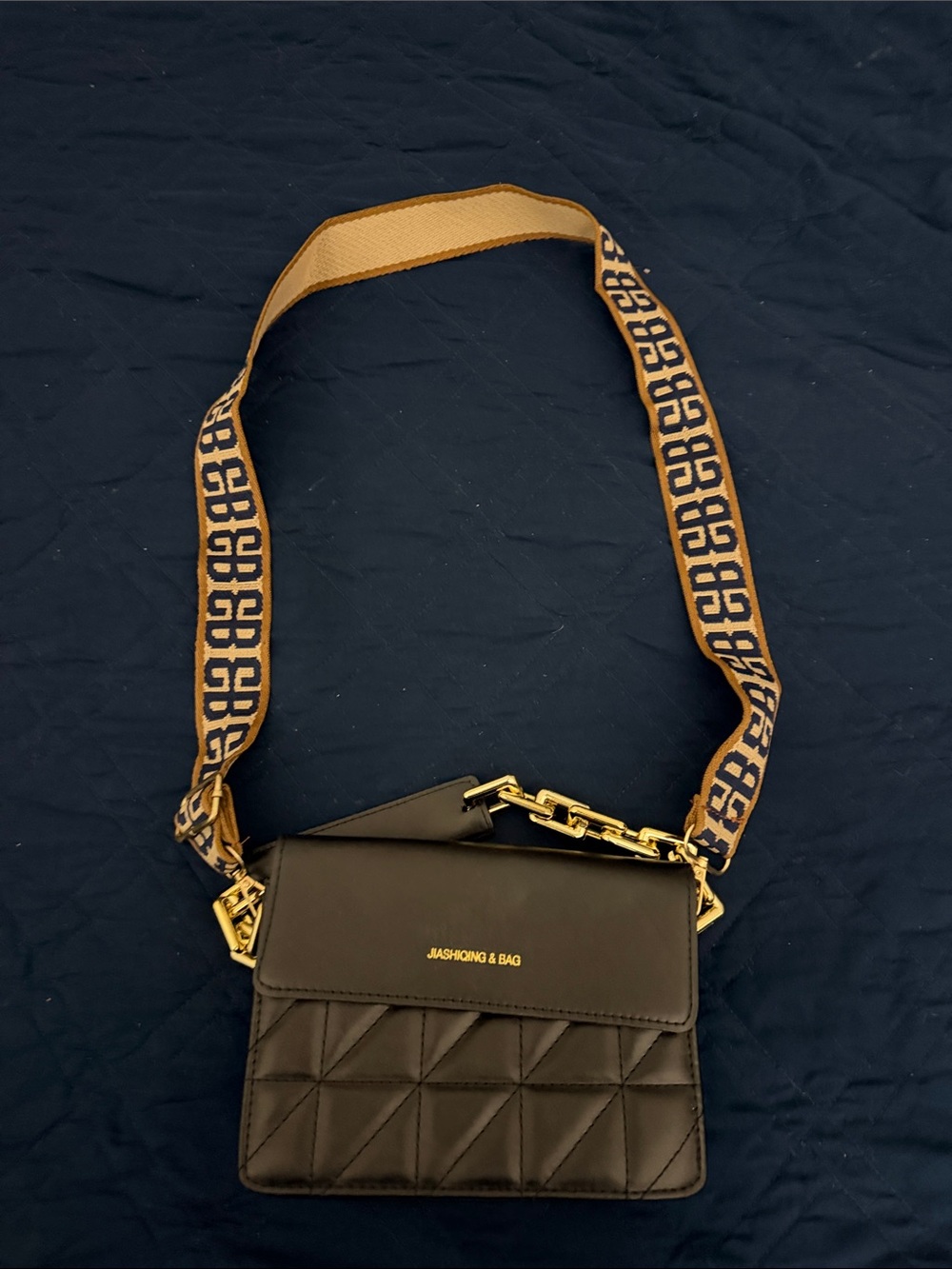 SHEIN Black Quilted Crossbody with Branded Gold Chain Strap